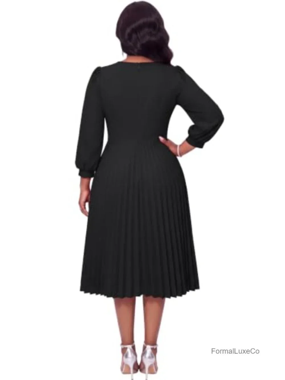 A-Line Pleated Midi Dress 3/4 Sleeve Crew Neck with Pockets for Wedding Guest